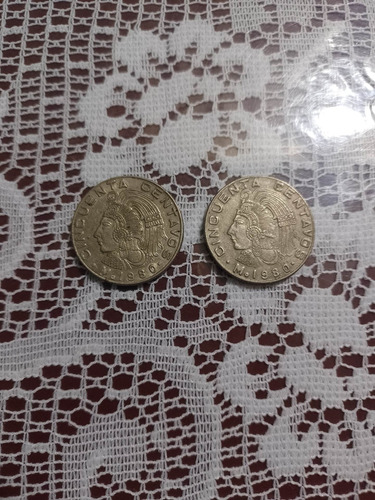 Set De 2 Monedas Antiguas De 50 Centavos Año 1980 Moctezuma 