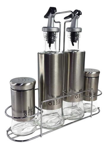 Set 4 Pieza Vidrio Acero Inoxidable Salero Aceitero Rack Bz3