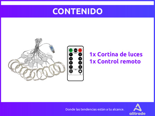 Cortina Led 3x3 mts 300 Luces 10 Tiras Lluvia Usb Alambre Control Efectos Decoraciones Navideñas