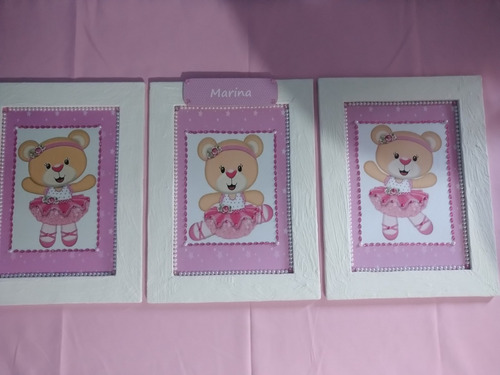 Kit Com 3 Quadros Ursinho Decoração Infantil Quarto De Bebe