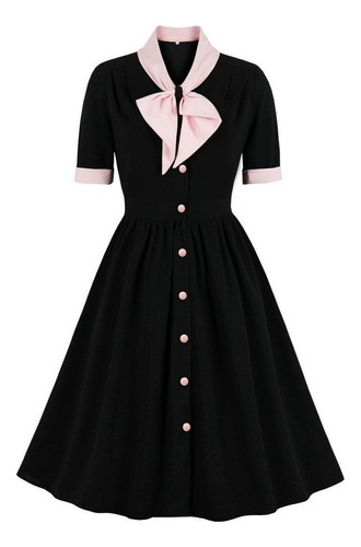 Manga Retro Inclinarse Corta Negro Botones Vestido Grande