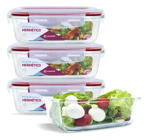 Conjunto 4 Potes Vidro Hermético Marmita Mantimentos 640ml Cor Vermelho