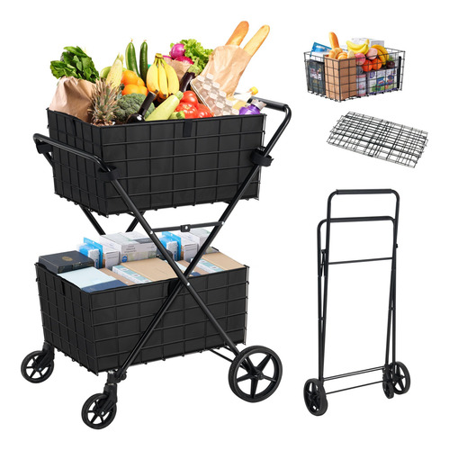 Carrito De Compras 2 Niveles Plegable Con Ruedas 360 Grados