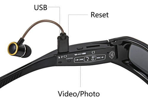 Lentes Deportivos Camara Espia Hd Con Auriculares Bluetooth Negro