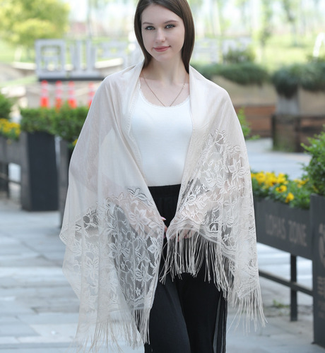 Chal De Encaje Con Flecos Elegante Rebozo Bufanda Para Mujer Blanco Unico