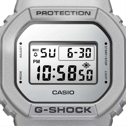 Correa de reloj Casio G-shock Forgotten Future DW-5600FF-8dr, color plateado y bisel plateado, color de fondo digital