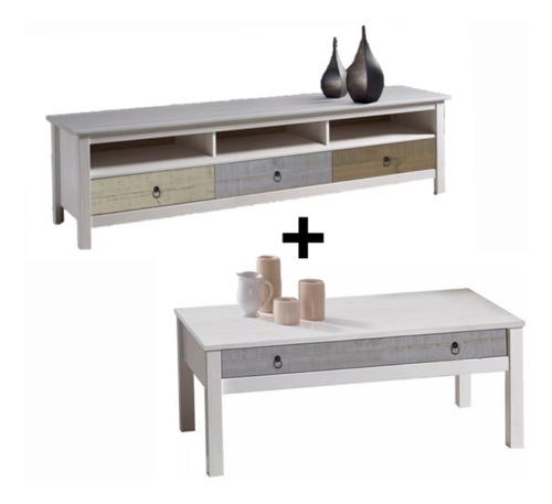 Rack + Mesa De Living Flora, Madera, Armado Gratis- Ártico