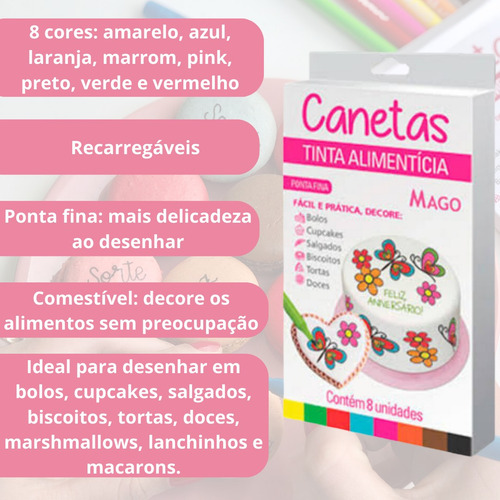 8 Canetas Tinta Comestível Recarregável Colorida Ponta Fina