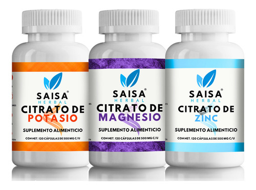 Citratos Magnesio, Potasio, Zinc 120 Cápsulas C/u Saisa Herb Sabor Sin Sabor