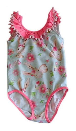 Imagem 1 de 3 de Maiô Infantil Azul E Rosa Pompom Coelhinhos 52004 Mon Sucré