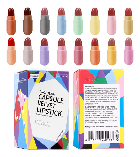 16 Lápices Labiales Mini Cápsulas, Brillo Labial Mate, Br.