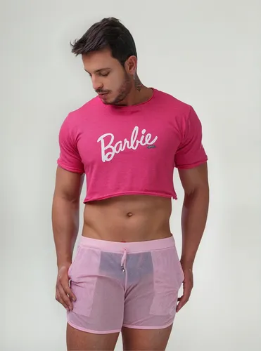 Camiseta Cropped Masculino Rosa Slim Onda Sumer Algodão