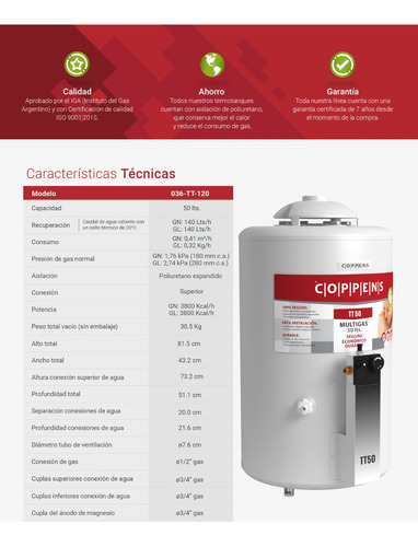 Termotanque Coppens Recuperación Simultánea Multigas 50l