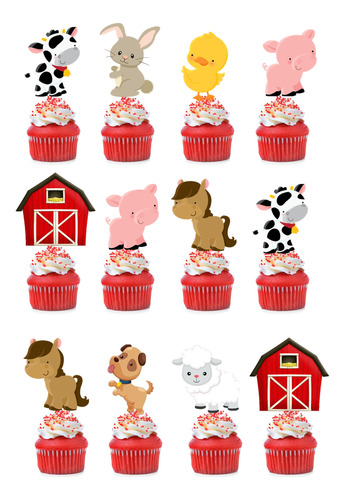 Pack 12 Toppers Para Cup Cakes Animales De Granja 