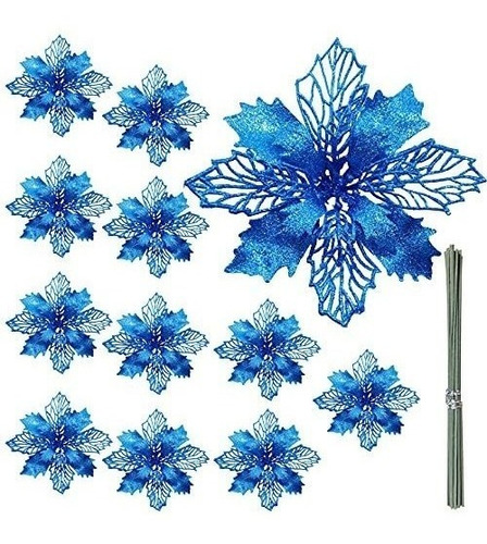 Flores Artificiales C/glitter X 12u/ 16cm Diam./navidad Azul