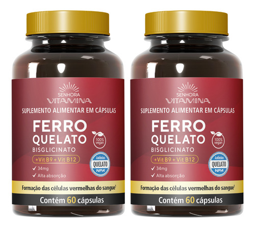 Ferro Quelato Bisglicinato 34mg Vegano Com Vitaminas B9 E B12 (Metilcobalamina e Metilfolato) Kit com 2 potes