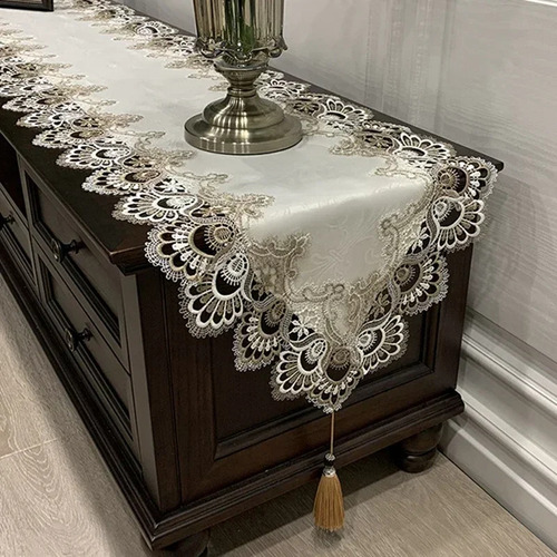 Mantel Ovalado De Encaje Bordado Para Mueble De Tv