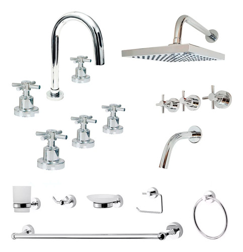 Griferia Baño Completa Set Accesorios Aqualaf Aruma Cruz P