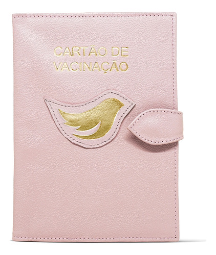 Porta Cartão De Vacina De Couro - Rosa Bebê / Dourado