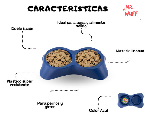 Plato Doble Comedero Para Perro Plastico mediano Mr Wuff Color Azul