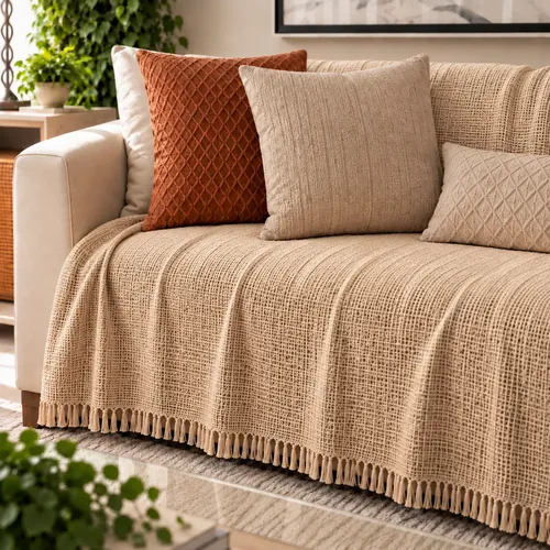 Manta Para Sofá 300 X 180 Super Grande Decorativa Luxuosa Areia Liso
