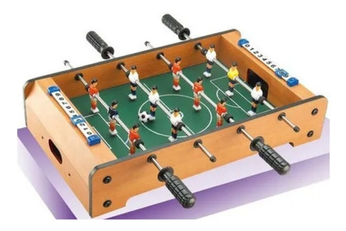 Mesa compacta de futbolín Mini Futbolín Totó de 34,5 x 23 x 7 cm, color madera