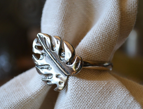 Imagen 3 de 8 de 6x Anillos Servilleteros Hoja Plata Premium 4.5cm Monstrera