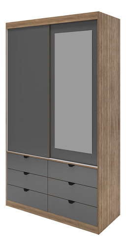 Guarda-roupa Roupeiro Solteiro Com Espelho 100% Mdf 2 Portas De Correr E 6 Gavetas Moderno. Cor Cinza Grafite Design Industrial Mod: Gautama