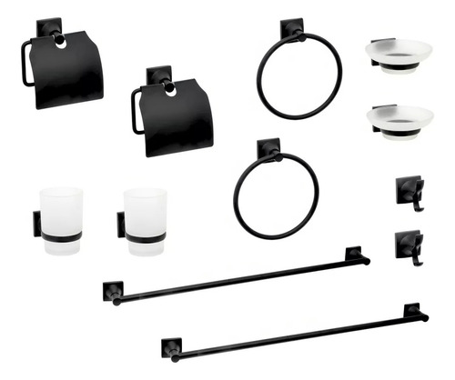 Kit X 2 Set De Baño Metálico Y Vidrio Negro De 6 Piezas 