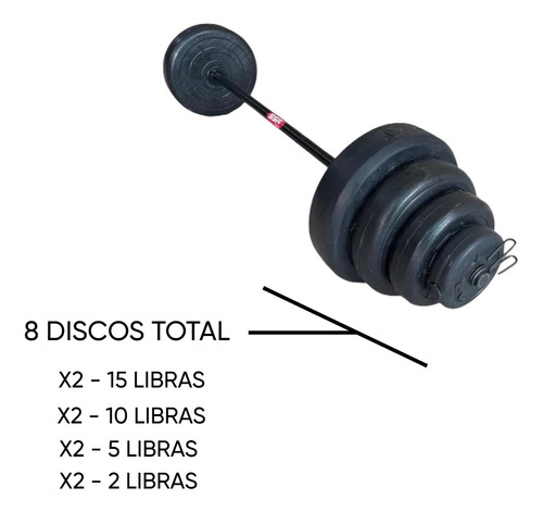 Barra Entrenamiento 8 Discos 70 Libras Total Gym Fitness Negro