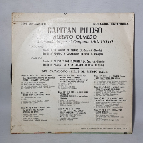 Imagen 3 de 10 de Capitán Piluso Disco Simple Olmedo Organito Sobre Mag 57695