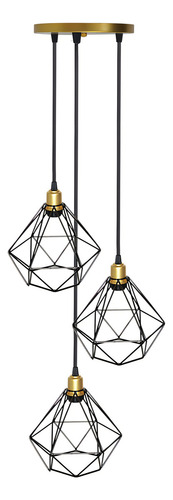 Lustre Pendente Aramado Triplo Diamante Dourado/preto Retro