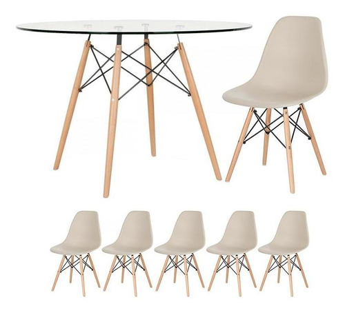 Kit Mesa Eames Wood 120 Cm Tampo Vidro  E 5 Cadeiras Eiffel Cor da tampa Nude