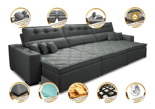 Sofá Retrátil e Reclinável 3,52m Austin com Molas no Assento Suede Velusoft Cinza Cama inBox