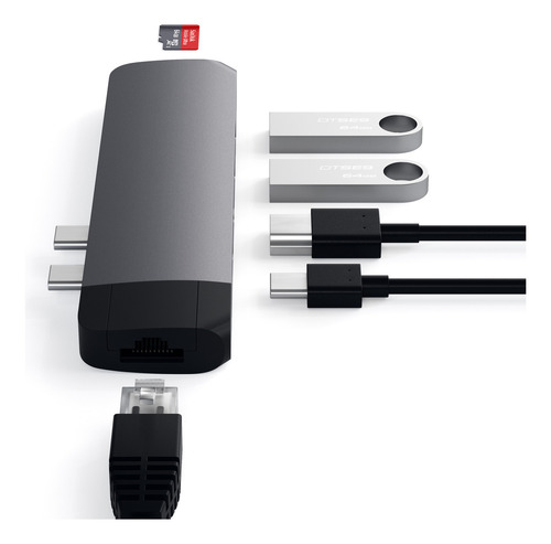 Adaptador Hub Usb-c Satechi P/ Macbook Pro E Air Com Hdmi 4k, Ethernet Rj-45, Usb-a, Usb-c Pd, Leitor Sd E Microsd Estação Completa Para Trabalho, Estudo E Home Office