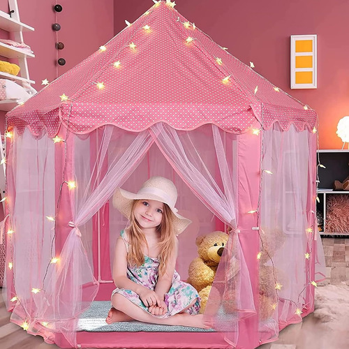 Casa De Campaña Portátil Castillo Princesa Rosa Con Luces