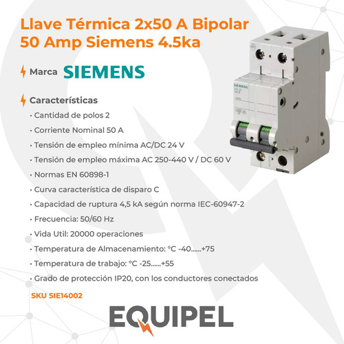 Llave Térmica 2x50 A Bipolar 50 Amp Siemens 4.5ka
