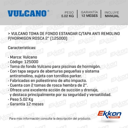 Imagen 2 de 8 de Toma De Fondo Estandar Vulcano C/ Tapa P/ Hormigón 125000