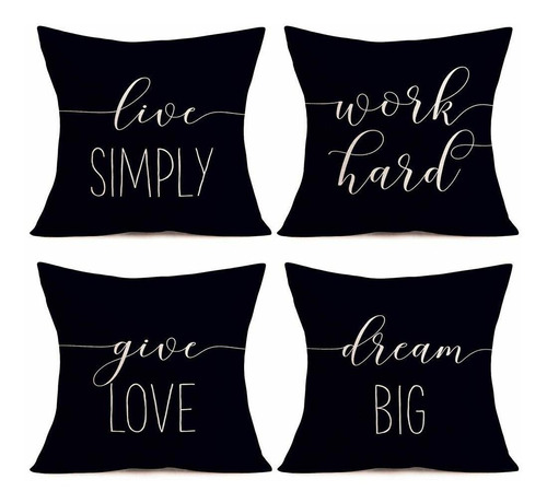 4 Funda Almohada Negra 18 X 18  Live Simply Work Hard