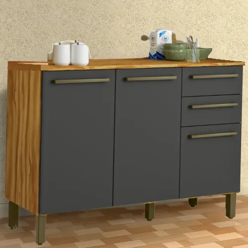 Balcão De  Cozinha Com Tampo 3 Portas 2 Gavetas Carmenere Cor Amendoa/chumbo