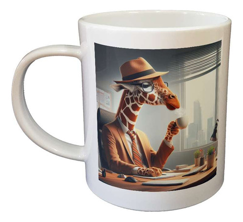 Taza Plastico Girafa Tomando Un Cafe En Su Trabajo