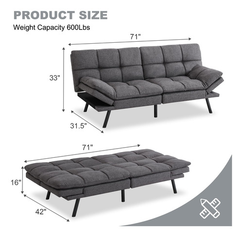 Sofá Cama Futón Moderno Convertible De Espuma Gris