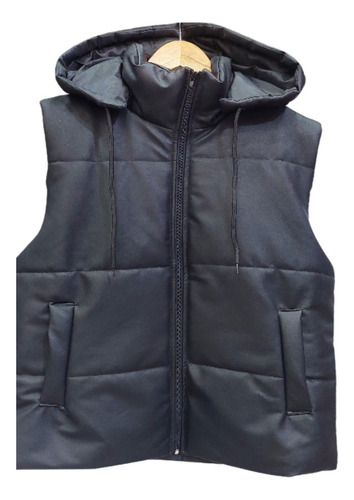 Chaleco Puffer Ecocuero Con Capucha Y Bolsillos