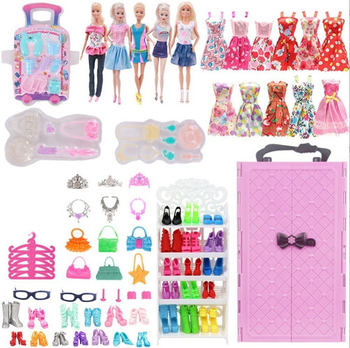 Conjunto 51 Pzas Barbie Lote Barbies Vestidos 1 Armario Rosa Meses Sin Intereses 