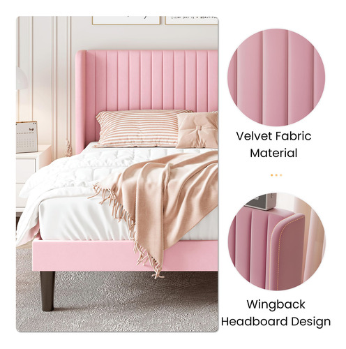 Base De Cama De Terciopelo Queen Con Cabecera Capitoné Rosa