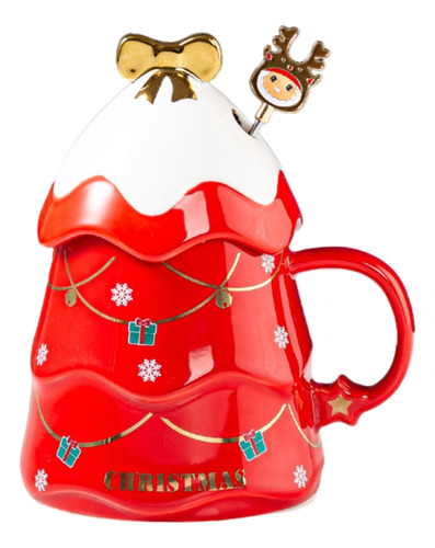 Juego De Tazas Navideñas Con Tapa Y Cuchara De Cerámica De 5