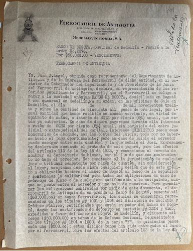 Banco De Bogotá Pagaré (copia) Ferrocarril De Antioquia 1935
