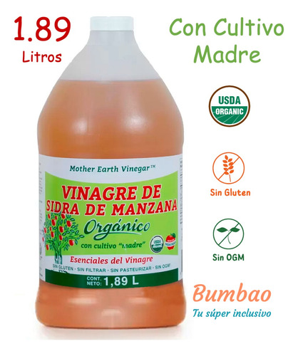 Vinagre De Manzana Orgánico Con Cultivo Madre Sin Gluten 