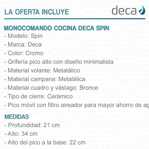 Imagen 6 de 9 de Griferia Cocina Monocomando Mesada Pico Bar Deca 54001 Spin
