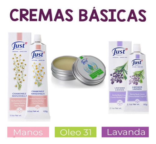 Cremas Básicas Swiss Just, Manzanilla, Lavanda Y Herbal